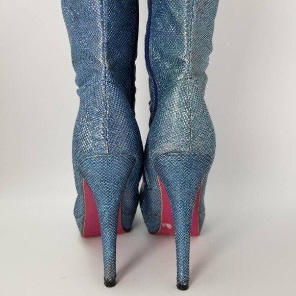 Ami Clubwear Metallic Blue Glitter Knee-High Platform Heel Boots Sparkle Size 9 - Picture 9 of 12